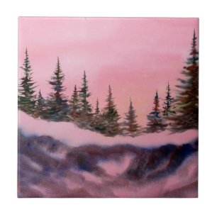 Azulejo Pinos rosa suave de amanecer en una cresta nevada