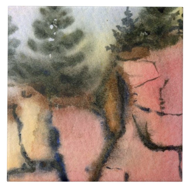 Azulejo Pinos verdes sobre una cara de acantilado rosa (Frente)