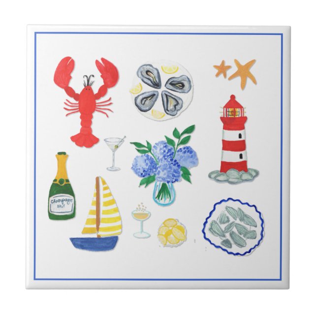 Azulejo Pintada mano temática de mariscos de Nueva Inglate (Frente)