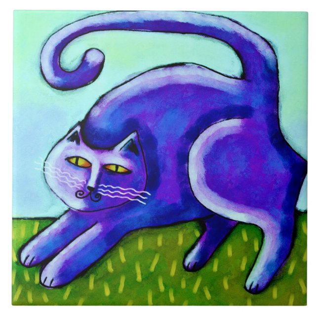 Azulejo Pintado abstracto de felino morado feliz (Frente)