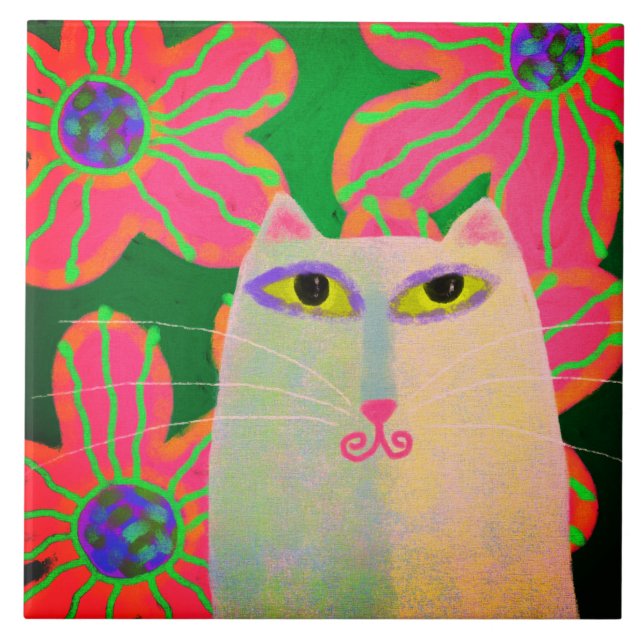 Azulejo Pintado abstracto de gato blanco con flores rosas (Frente)