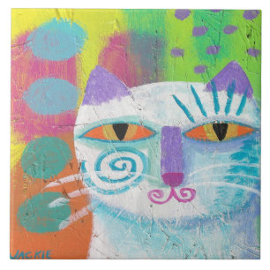 Azulejo Pintado abstracto de gato siamés morado