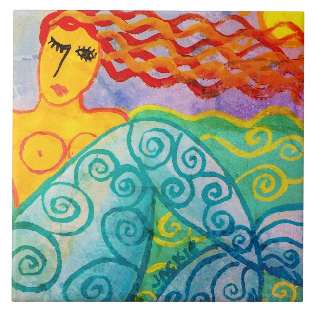 Azulejo Pintado abstracto de la sirena del día soleado (Frente)