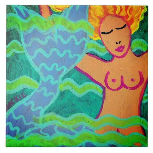 Azulejo Pintado abstracto de sirena nadadora (Frente)