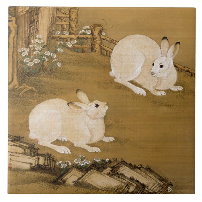 Azulejo Pintado Chino Antiguo Fénix Tree & Rabbits (Frente)