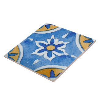 Azulejo Pintado de color azul blanco amarillo mediterráneo