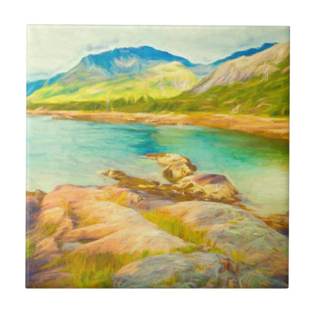 Azulejo Pintado del Lago Blue Green Watercolor Mountain (Frente)