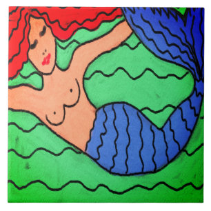 Azulejo Pintado digital abstracto de sirena morada