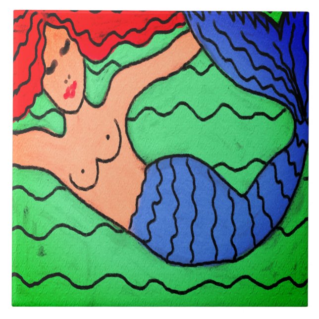 Azulejo Pintado digital abstracto de sirena morada (Frente)