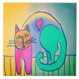 Azulejo Pintado digital de resumen de gato amoroso