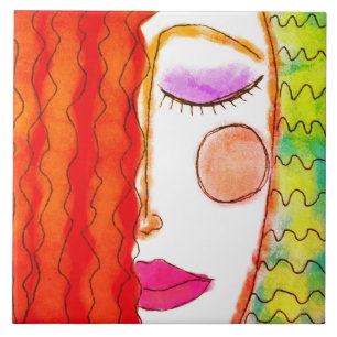 Azulejo Pintado digital de Wavy Red Hair Abstract