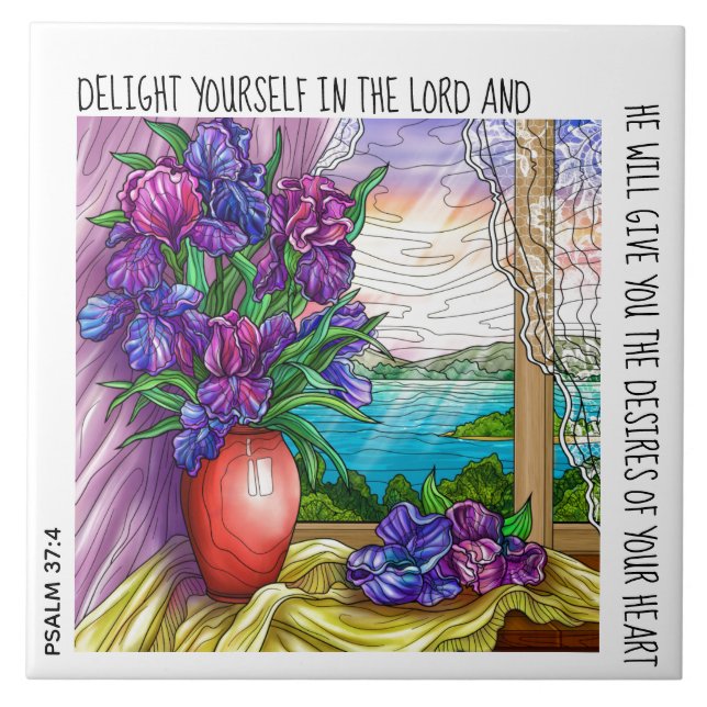 Azulejo Pintado floral y amanecer, con verso del Salmo 37: (Frente)