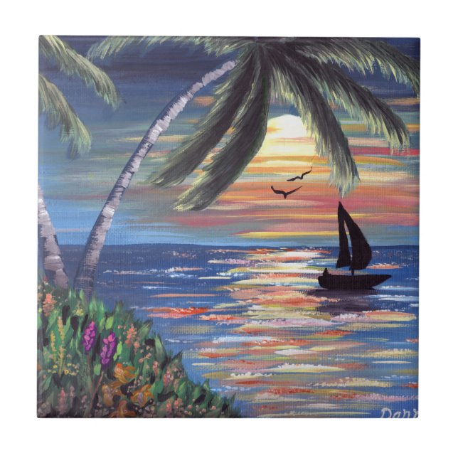 Azulejo Pintado oceánico de palmeras (Frente)