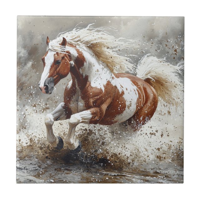 Azulejo Pintar caballo corriendo a través del agua (Frente)