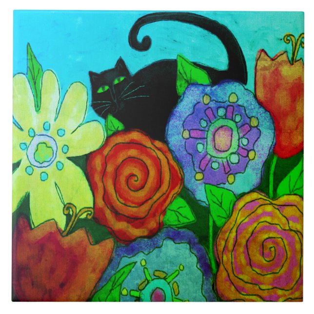 Azulejo Pintura abstracta de gato negro en jardín (Frente)