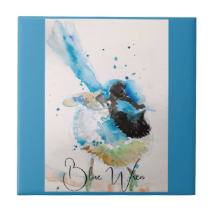 Azulejo Pintura Acuarela de Carricero Azul Aves Australian