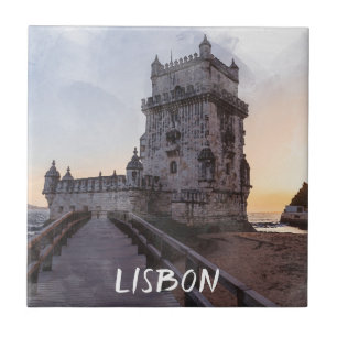 Azulejo Pintura acuarela de la torre Belem al atardecer