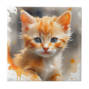 Azulejo Pintura acuarela de un lindo gato naranja