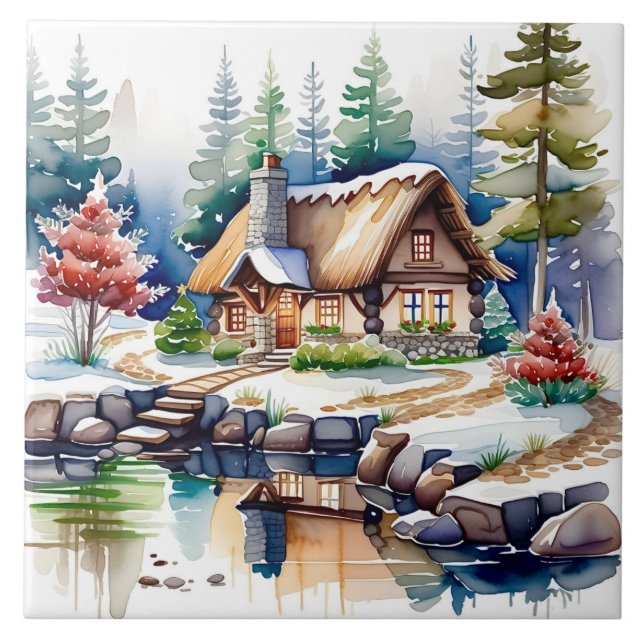 Azulejo Pintura acuarela de una cabaña en el bosque (Frente)