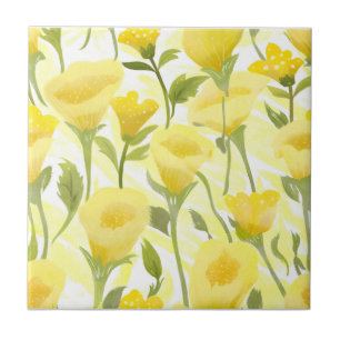 Azulejo Pintura Acuarela Floral Amarilla