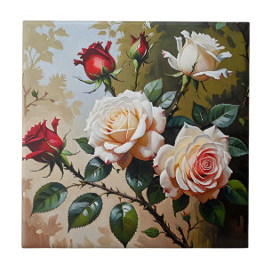 Azulejo pintura al óleo de rosas blancas y rojas de color 