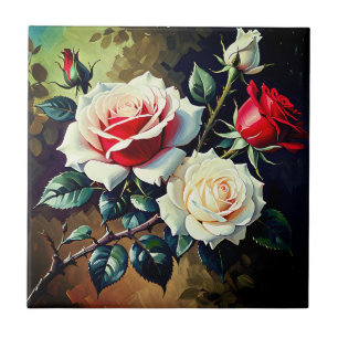 Azulejo Pintura al óleo de rosas rojas blancas rosadas de 