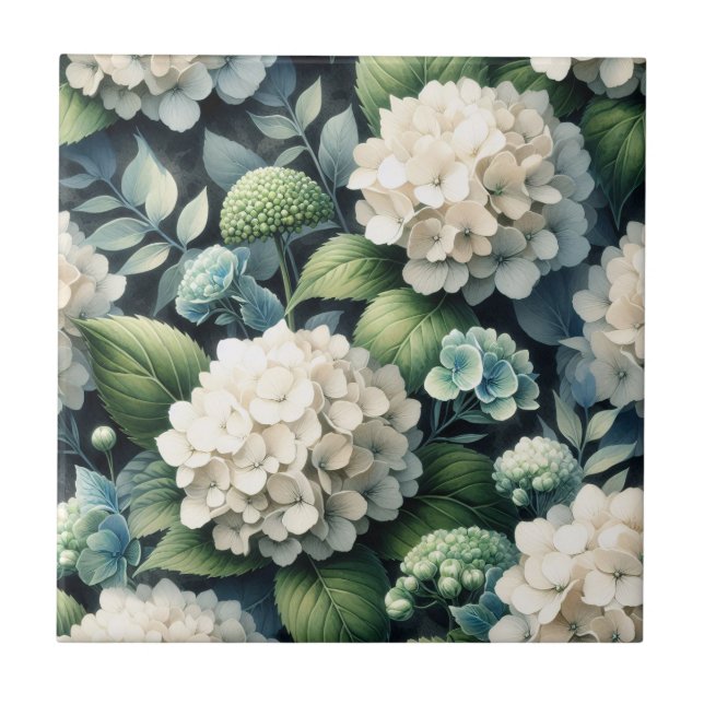 Azulejo Pintura botánica de Hydrangea blanca (Frente)