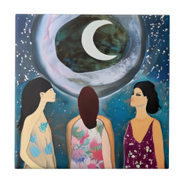 Azulejo Pintura celeste | Mujeres mirando a la luna