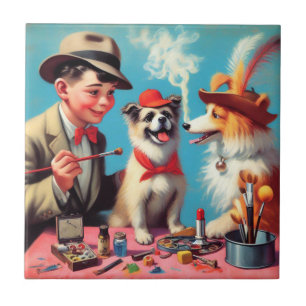 Azulejo Pintura de aceite retro Perros felices