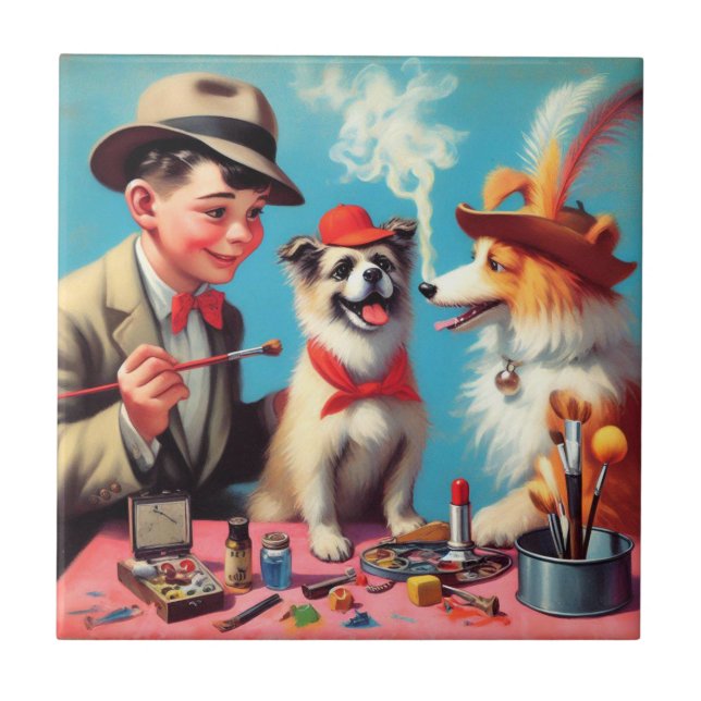 Azulejo Pintura de aceite retro Perros felices (Frente)