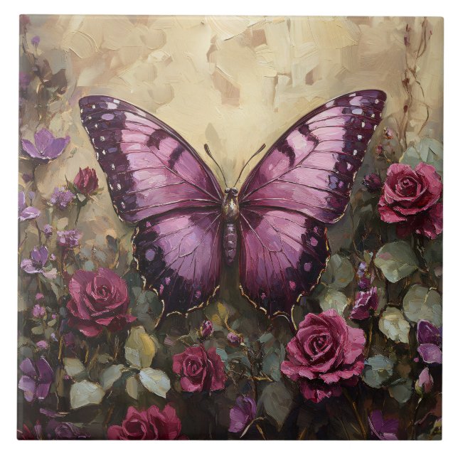 Azulejo Pintura de Arbusto de Rosa Mariposa Morada (Frente)