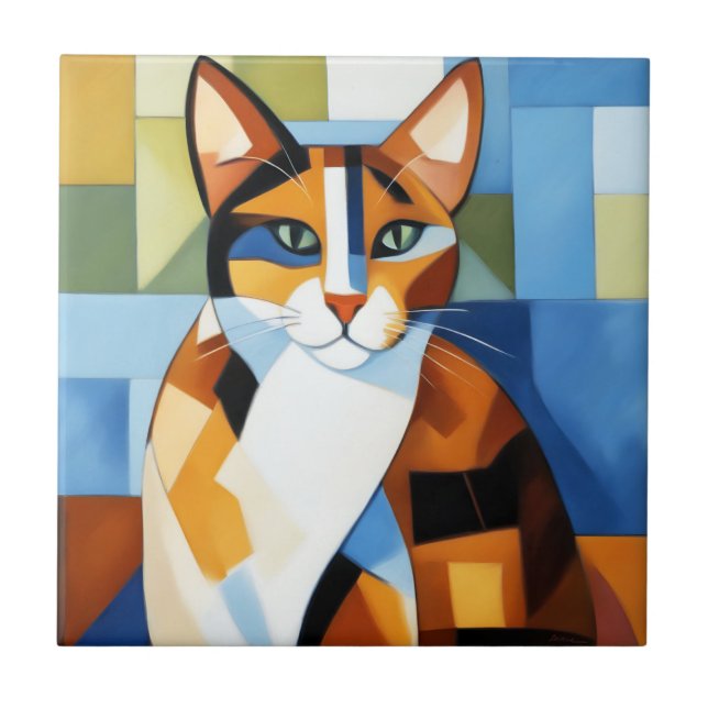 Azulejo Pintura de arte Gato cubista calico (Frente)
