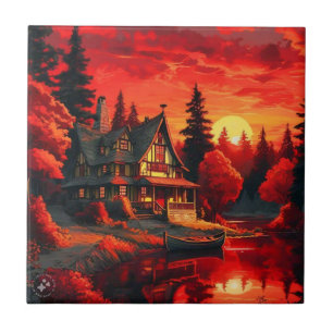 Azulejo Pintura de atardecer con cabaña y lago-66633
