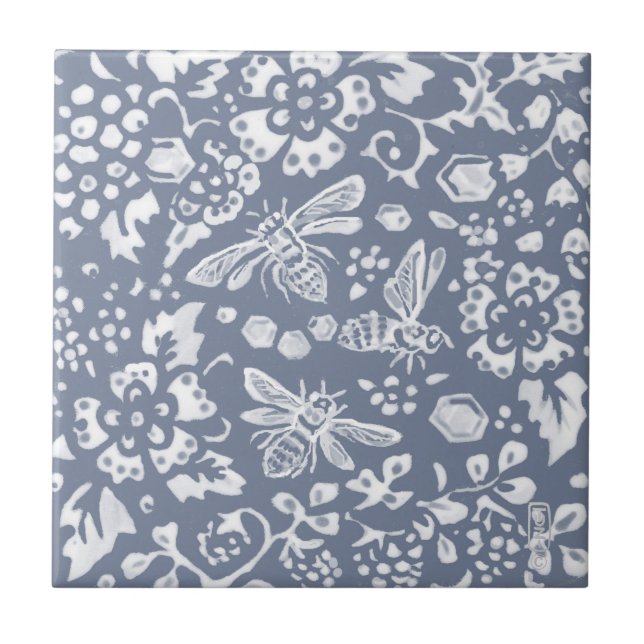 Azulejo Pintura de Blue White Bee de Delft Dedham (Frente)