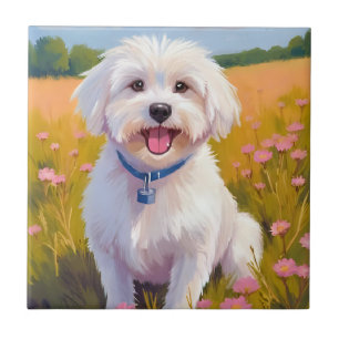Azulejo Pintura de Campo de Flores de Perro Maltés