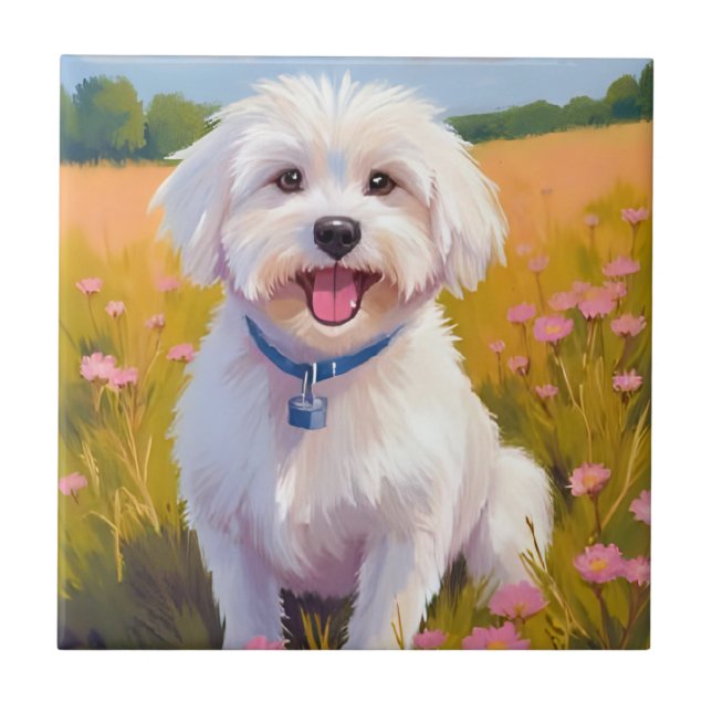 Azulejo Pintura de Campo de Flores de Perro Maltés (Frente)