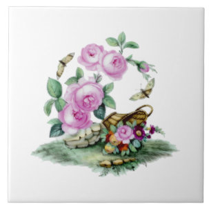 Azulejo Pintura de cesta de flores de la época victoriana