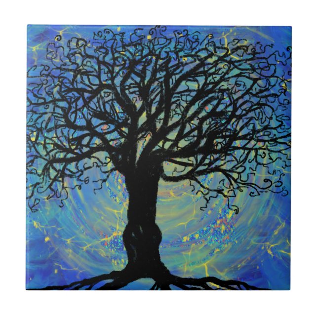Azulejo Pintura de fantasía morada azul árbol de la vida (Frente)