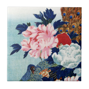 Azulejo Pintura de flores de pavo real y peonías vintage