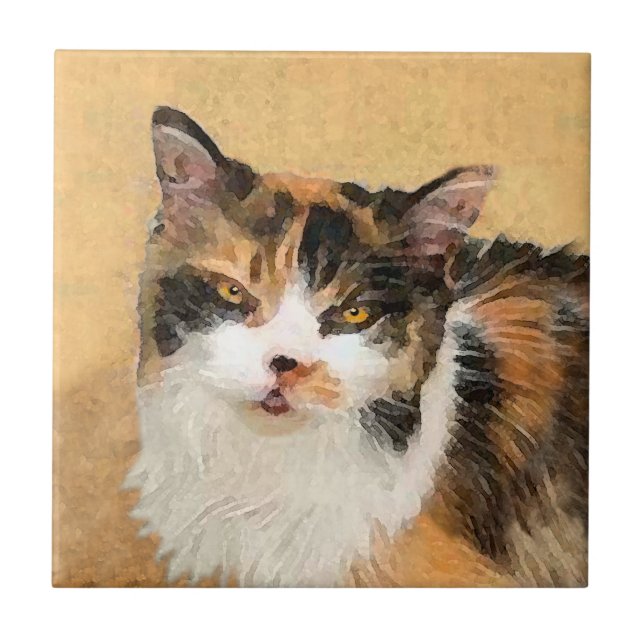 Azulejo Pintura de gato calico - Arte de gato original lin (Frente)