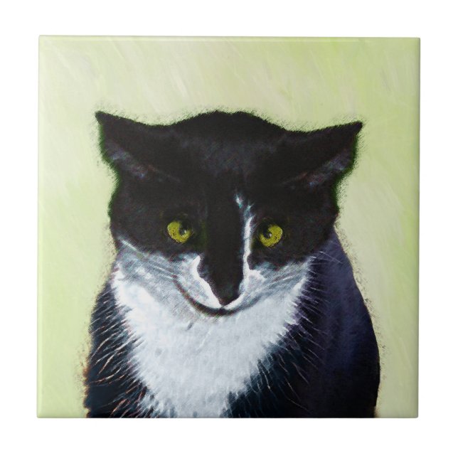 Azulejo Pintura de gato de Tuxedo - Arte de gato original  (Frente)