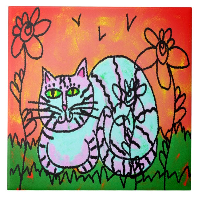 Azulejo Pintura de gato digital abstracta colorida (Frente)