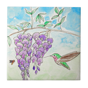 Azulejo Pintura de Hummingbird y Wisteria