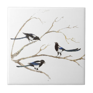 Azulejo Pintura de la acuarela de la familia de pájaro de