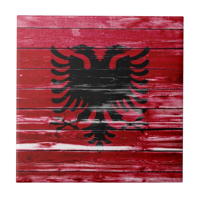 Azulejo Pintura de la bandera de Albania sobre madera (Frente)