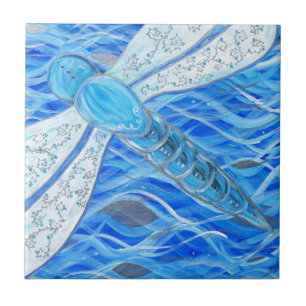 Azulejo Pintura de la libélula azul y plateada
