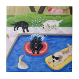 Azulejo Pintura de Labradors de la fiesta en la piscina
