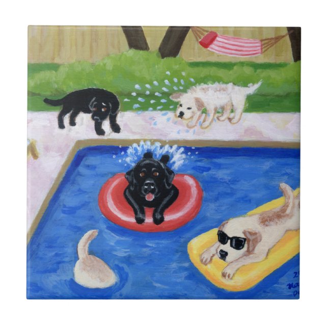 Azulejo Pintura de Labradors de la fiesta en la piscina (Frente)