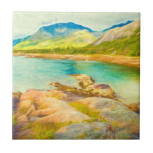 Azulejo Pintura de lago de montaña con acuarela azul verde