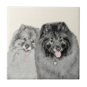 Azulejo Pintura de madre y hijo Keeshond - Arte de perro o